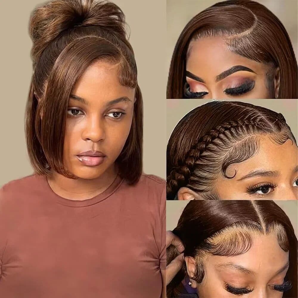 Fuduete Straight Short Bob Wigs Human Hair Chocolate Brown 13x4 HD Lace Frontal Human Hair Wigs Bob wig HD Lace Closure Wigs For Women Brazilian 220% Density Short Bob Wigs 13x4 HD Transparent Lace Front