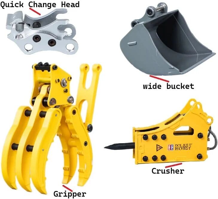 Nooxion Double E EC160E Metal Quick Hitch Coupler/ Big Bucket/ Gripper/ Hammer for RC 1:14 E010 E111 Hydraulic Excavator Model