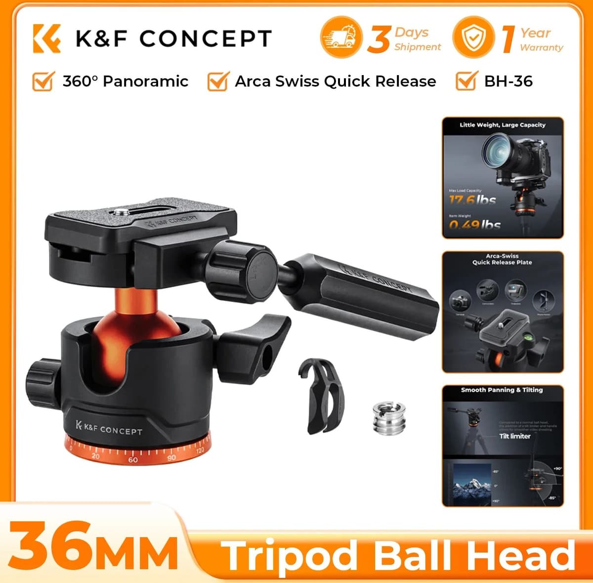 K&F CONCEPT 36mm Tripod Ball Head 8kg Heavy Duty Head 360° Panoramic with Detachable Handle & Tilt Limiter Arca Swiss Mount
