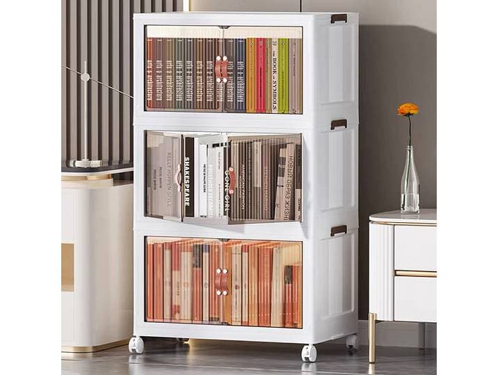 Boîte de Rangement Plastique, 3 Caisses de Rangement Pliables avec Couvercles, Roulette, Poignée, Porte Magnétique, Boite Empilable pour Vêtement, Livres, Jouets, Caisse pour Chambre