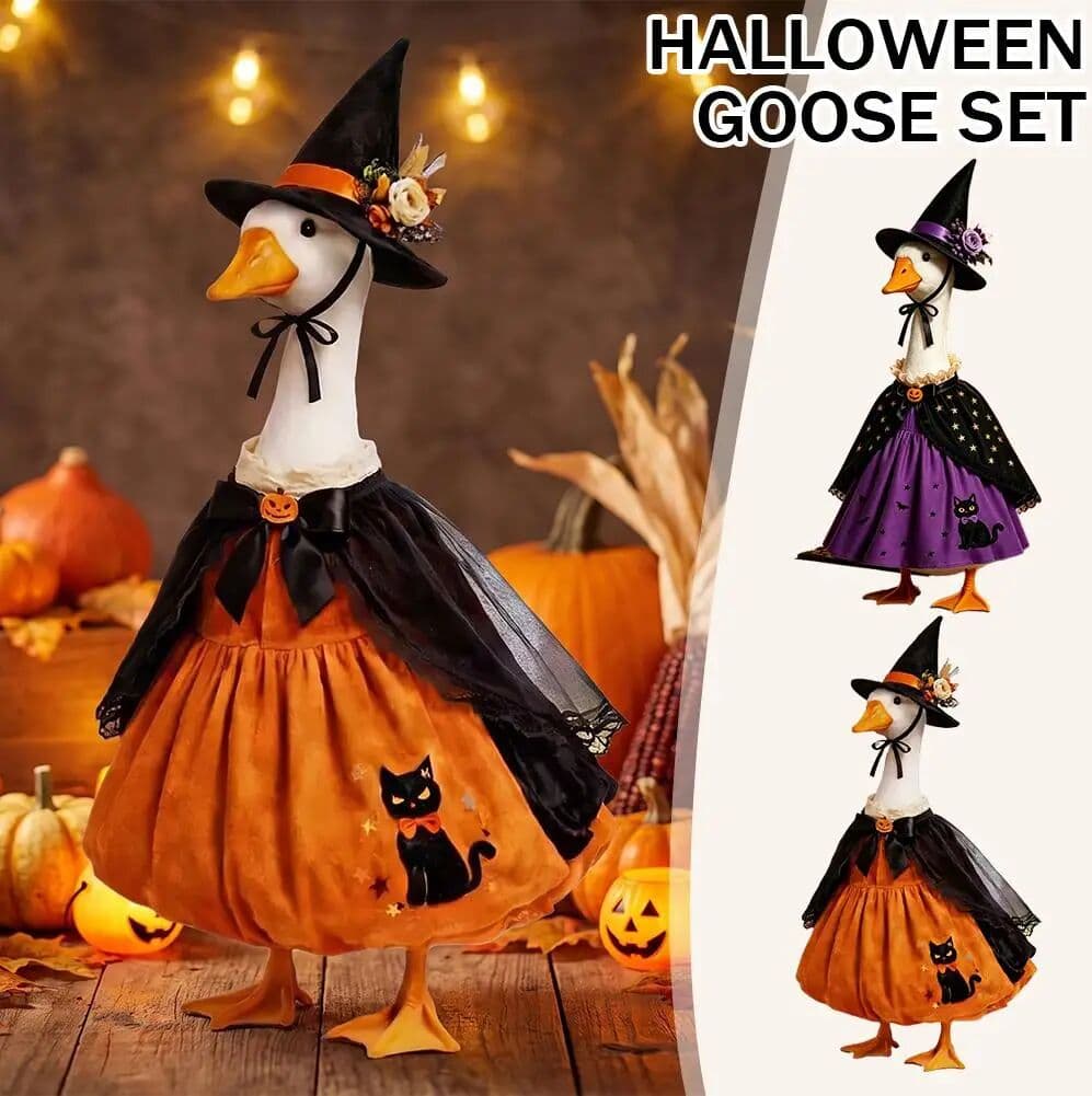 NONE 23‑Inch Halloween Witch Goose Outfit Black Cat Pumpkin Dress With Hat Cape Festive Costume Set For Lawn Porch Yard Goose Statue
