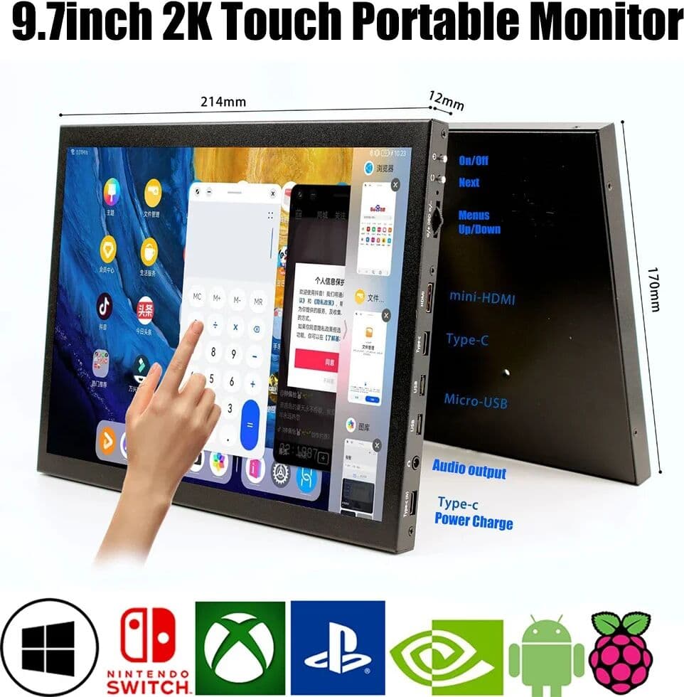 AEVYVKV 9.7 Inch 2K Touch Screen HDMI-compatible LCD for Raspberry Pi Orange Pi Windows PC Display with Cortical Case Portable Monitor