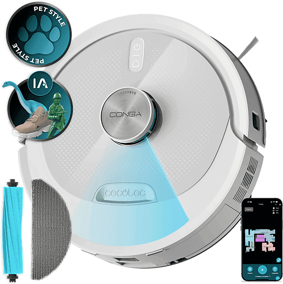 Robot aspirador - Cecotec Conga M90 Pearl, Navegación láser, 25000 Pa, 240 min, Cepillo de silicona, App, Bluetooth y WiFi 2,4 GHz, Pearl