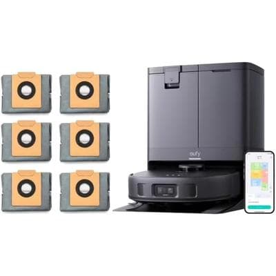 Restored eufy X10 Pro Omni Robot Vacuum and Mop Combo, Incredible Suction, Dual Mops with 12 mm Auto-Lift and Carpet Detection, AI Obstacle Avoidance and 6-Pack Large Capacity Dust Bags Black