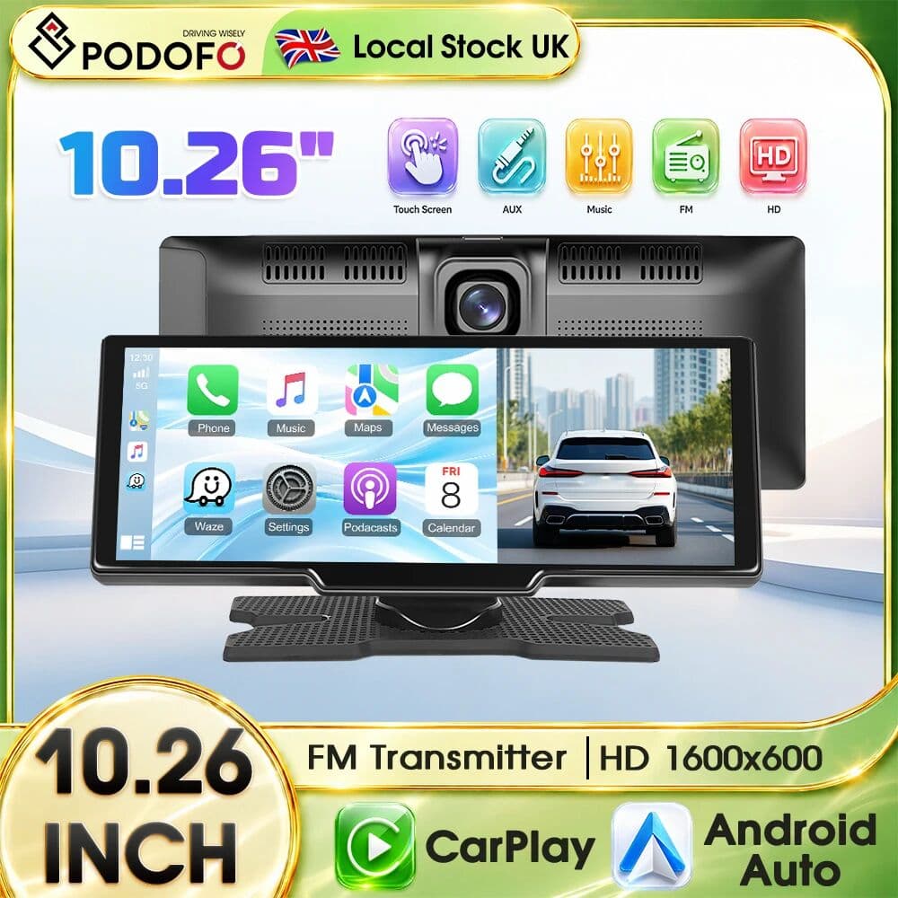 Podofo 10.26‑Inch Portable Smart Car Player Wireless CarPlay Android Auto with Voice Control, Front Camera & Rear View Camera Support HD Display Car Multimedia Player