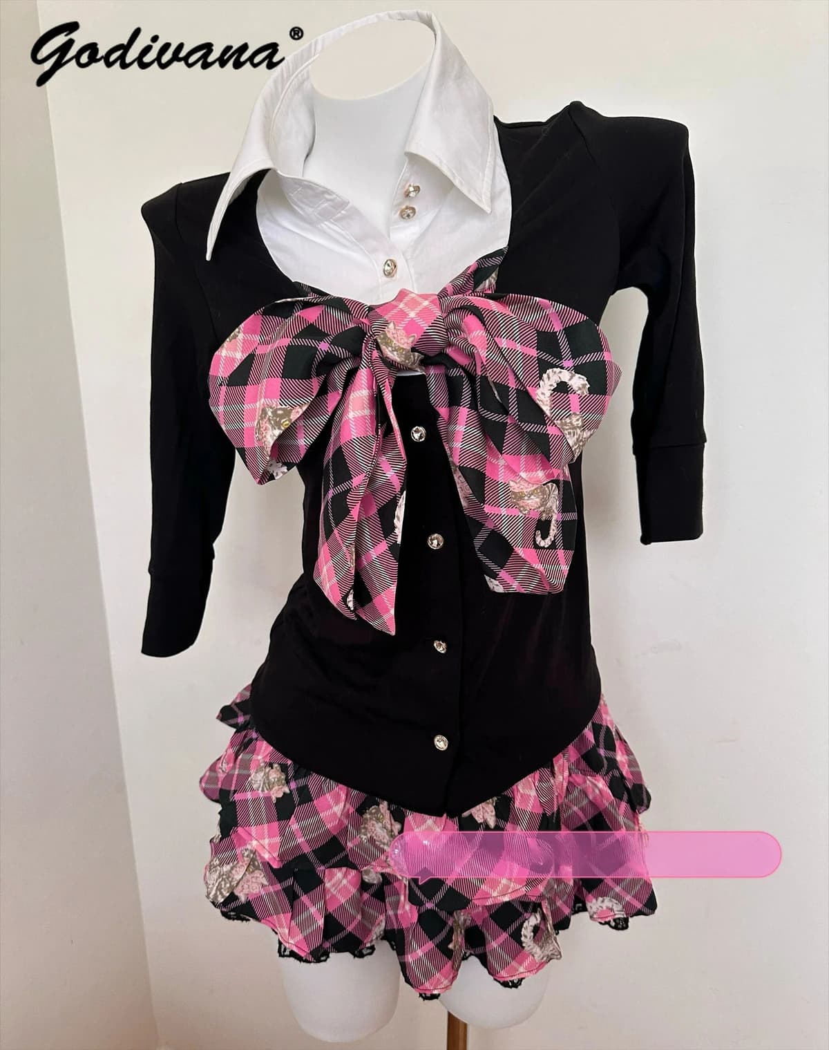 Godivana Japanese Mars Gal Style Gyaru Hot Girls Subculture Cute Cat Print Lace-up Bow Collar Top and Cake Skirt Two Piece Suit Outfits