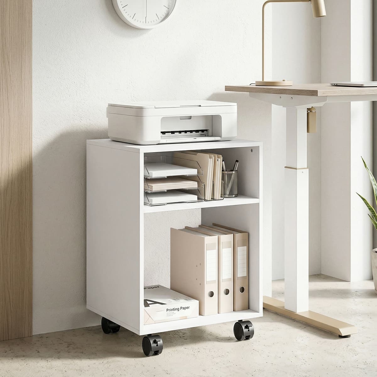 Altro Mobile Porta Stampante In Legno Con Ruote A Freno E 2 Scomparti Aperti, 40x35x55 Cm, Per Ufficio Studio, Bianco