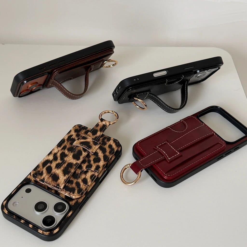 NONE Fashion Leather Leopard Pattern Multifunctional Card Case Hand Wristband Protect Phone Cover Case for iPhone 18 17 16 15 Pro Max