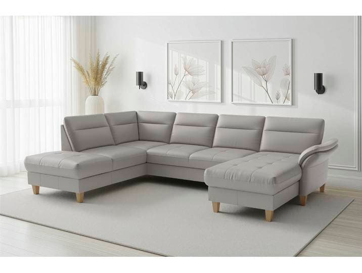 Wohnlandschaft SIT & MORE Pamela U-Form, B: 292 cm, optional Schlaffunktion & Bettkasten, Leder , grau (light grau), B:292cm H:90cm T:212cm, Sofas, Wohnlandschaft, wahlweise mit Armteilverstellung, Sofa mit Federkern, Sitzhöhe: 48 cm