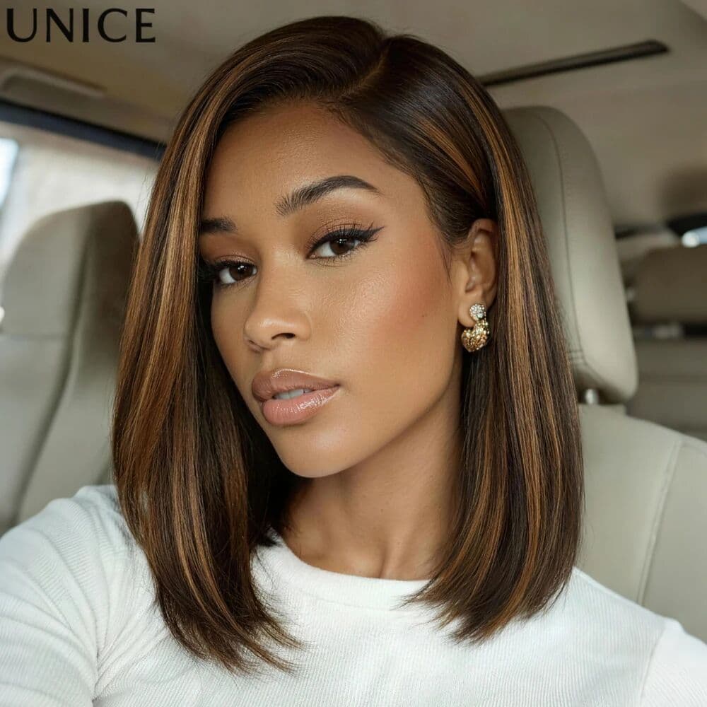 UNice Golden Brown Highlights Yaki Straight Bob Wig With Drawstring 7x5 No-Slip Short Human Hair Glueless Wig 150% Density