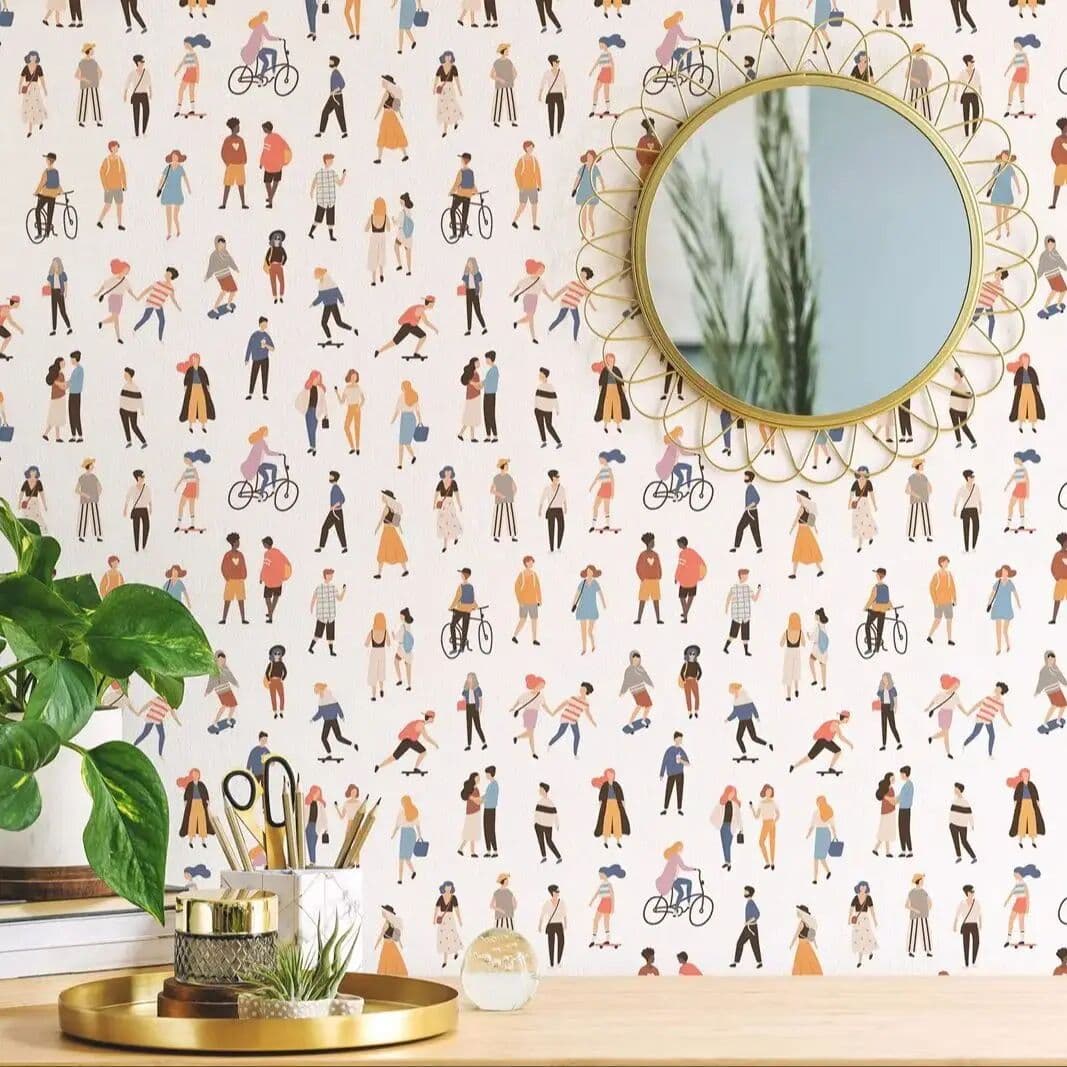 Pixel&Wall People in the City Wallpaper, Peel and Stick Fun Wallpaper For Home Decor,Colorful Wallpaper Self-adhesive /Traditional No-woven