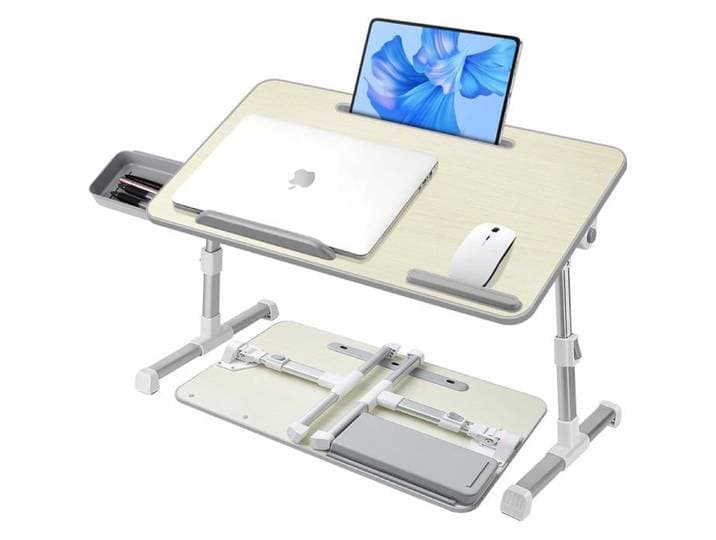 Table De Lit Pour Ordinateur Portable 60x34Cm Pliable Hauteur Et Angle Réglables Avec Tiroir Et Fente Tablette Beige
