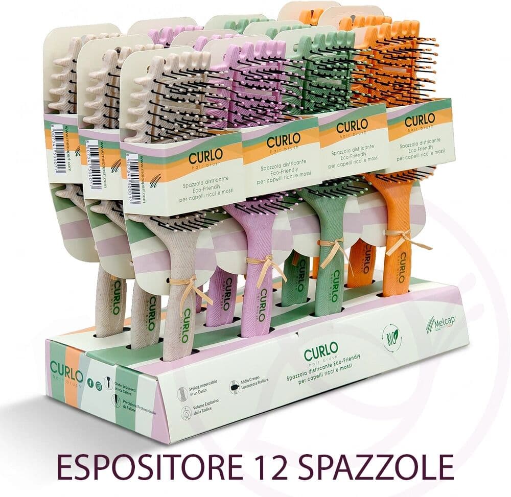 Melcap Espositore 12 Spazzole CURLO – 4 Colori per Ricci, Volume e Styling Senza Calore