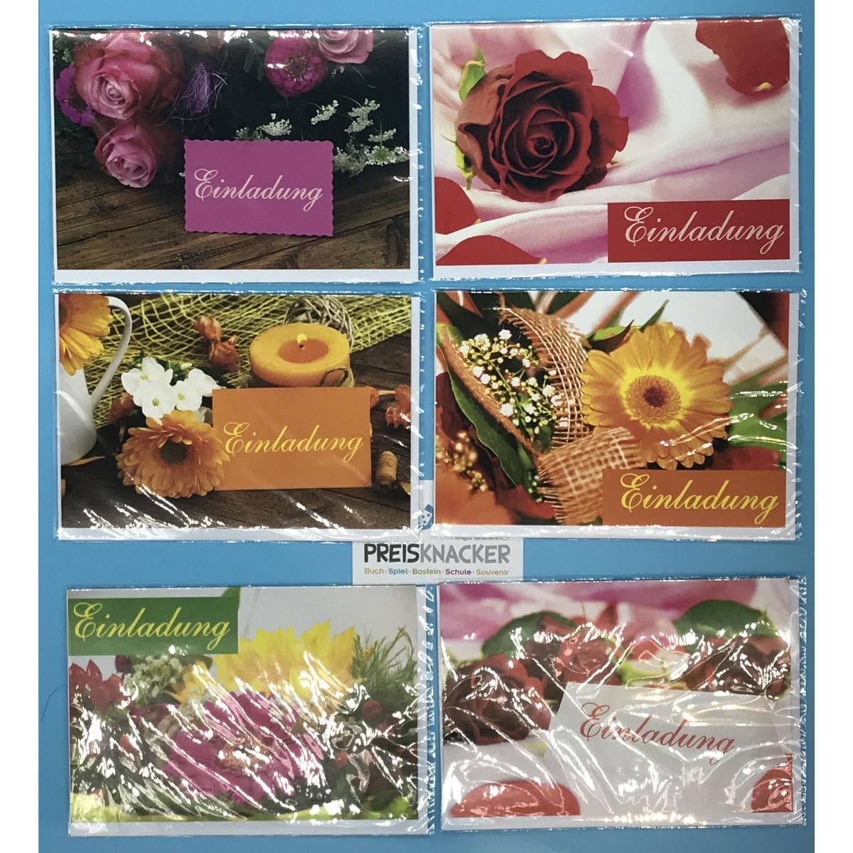 41-4206 6 Stück Glückwunschkarte, Billett, Einladung, 11,5x17cm, mit Kuvert (Briefumschlag), 6-fach sortiert, Preis für 6 Stück