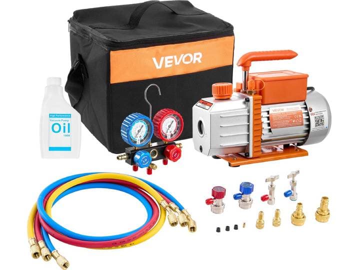 VEVOR Vacuümpomp met Manometer\, 4\,5 Cfm 127 L/Min\, 250 W\, Eentraps Roterende Schottenvacuümpomp\, Manometerset\, Voor R134a\, R22\, R410a\, R1234yf & R32\, met Draagtas\, Voor Auto-Airconditioningsystemen