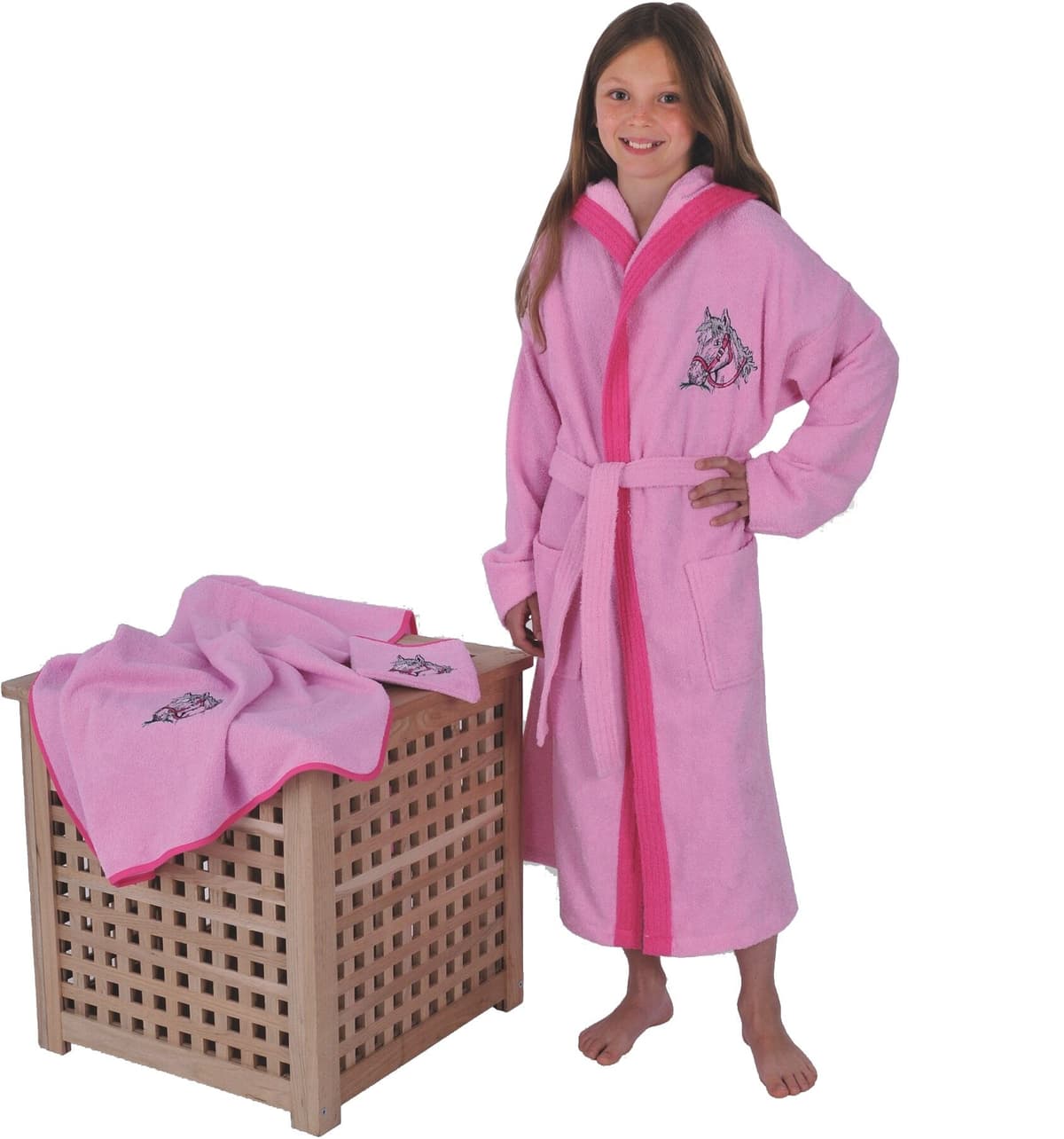Kinderbademantel WÖRNER "Bademantel Pferd rosa" Gr. 128, rosa, 128, Baumwoll-Webfrottier, Hausmäntel, Kinderbademantel rosa 128