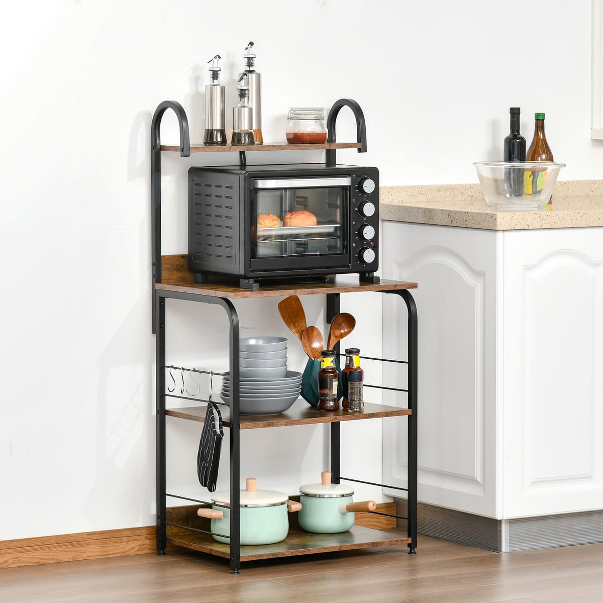 Homcom Mobiletto per Microonde a 4 Ripiani e 4 Ganci, Mobile Cucina in Acciaio e Legno 60x40x125cm, Marrone Rustico Aosom