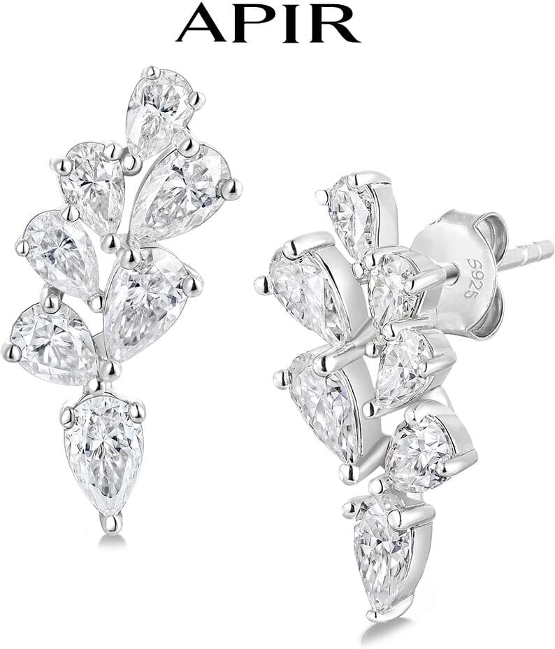 APIR Moissanite Diamond Stud Earrings for Women Sterling Silver Hypoallergenic Elegant Leaf Climber Studs Wedding Bridal Jewelry