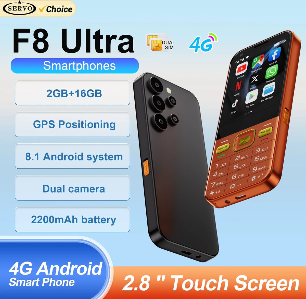 SERVO F8 Ultra 4G Smartphone Dual SIM Standby Android 8.1System 2GB+16GB Facebook Flashlight WiFi 2.8