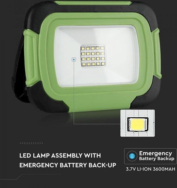 V-Tac Vt-10-R Faro Led 10w Chip Samsung Ricaricabile A Batteria Bianco Freddo 6400k Corpo In Plastica Ip44 - Sku 503
