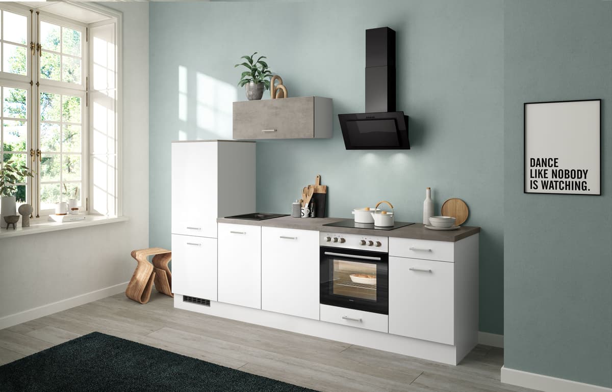 Küchenzeile IMPULS KÜCHEN "Lissabon, Ausrichtung wählbar, Schubkästen mit Soft-Close", küche: weiß, front: weiß, korpus: weiß, arbeitsplatte: beton, optik schiefer dunkelgrau, B:280cm H:184,3cm T:60cm, Komplettküchen-Sets, Küchenzeile, vormontiert, in ver