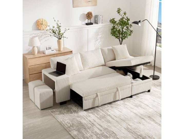 Canapé Droit Convertible d'Angle 3-4 Places avec Prise USB Rangement et Tablette Latérale - Velours Côtelé - Beige