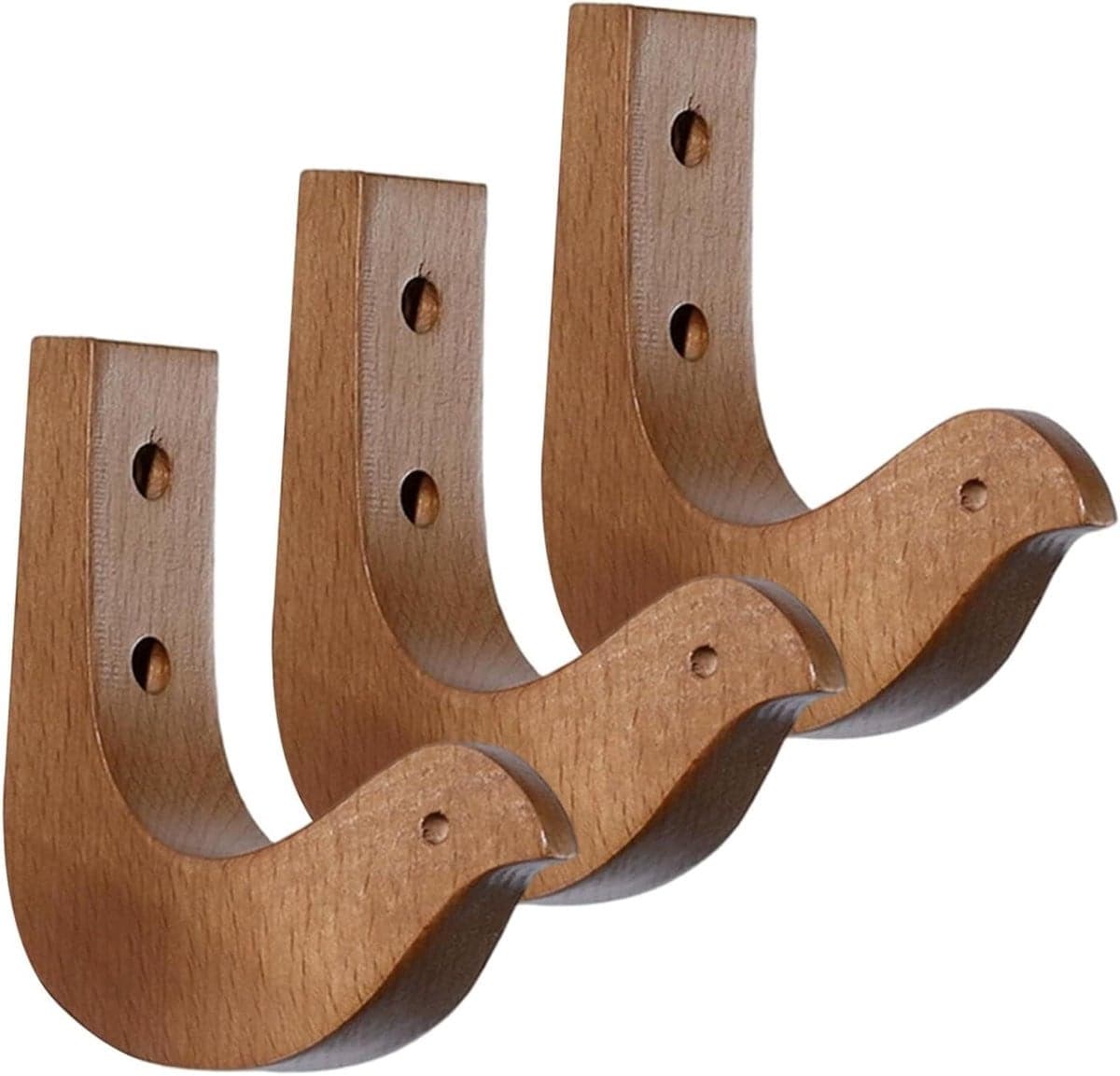 Set van 3 Houten Wandhaken voor Muziekinstrumenten - Natuurlijk Bruin - B/D/H: 12 x 11 x 3 cm