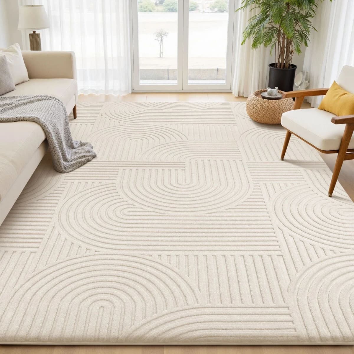 FAMVAL Abstract Geometric Tufted Area Rug, 3D Textured Relief Curved Line Carpet, Modern Neutral Indoor Floor Mat, Soft High-Low Pile Rug for Living Room Bedroom Dining Room, Non Slip Home Decor Rug,