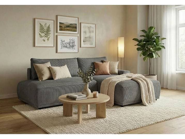 Ecksofa, Cordstoff HYPER, Dunkelgrau, 250×167 cm, Schlafsofa mit Bettkasten, Armlehne Rechts