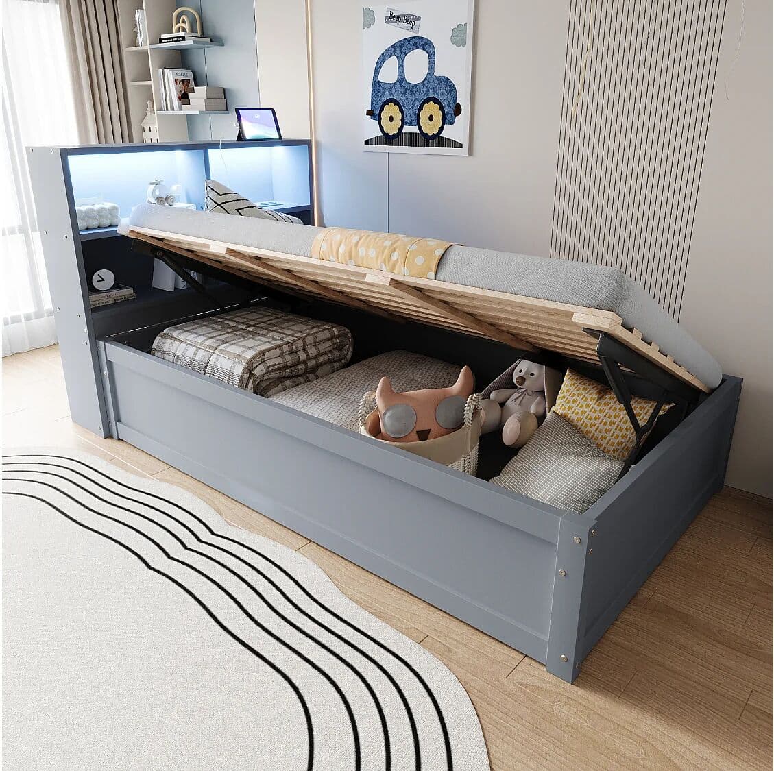 Merax Kinderbed met opbergruimte - 90 x 200 cm - met LED's + hoofdeinde met opbergruimte - hout + MDF - grijs