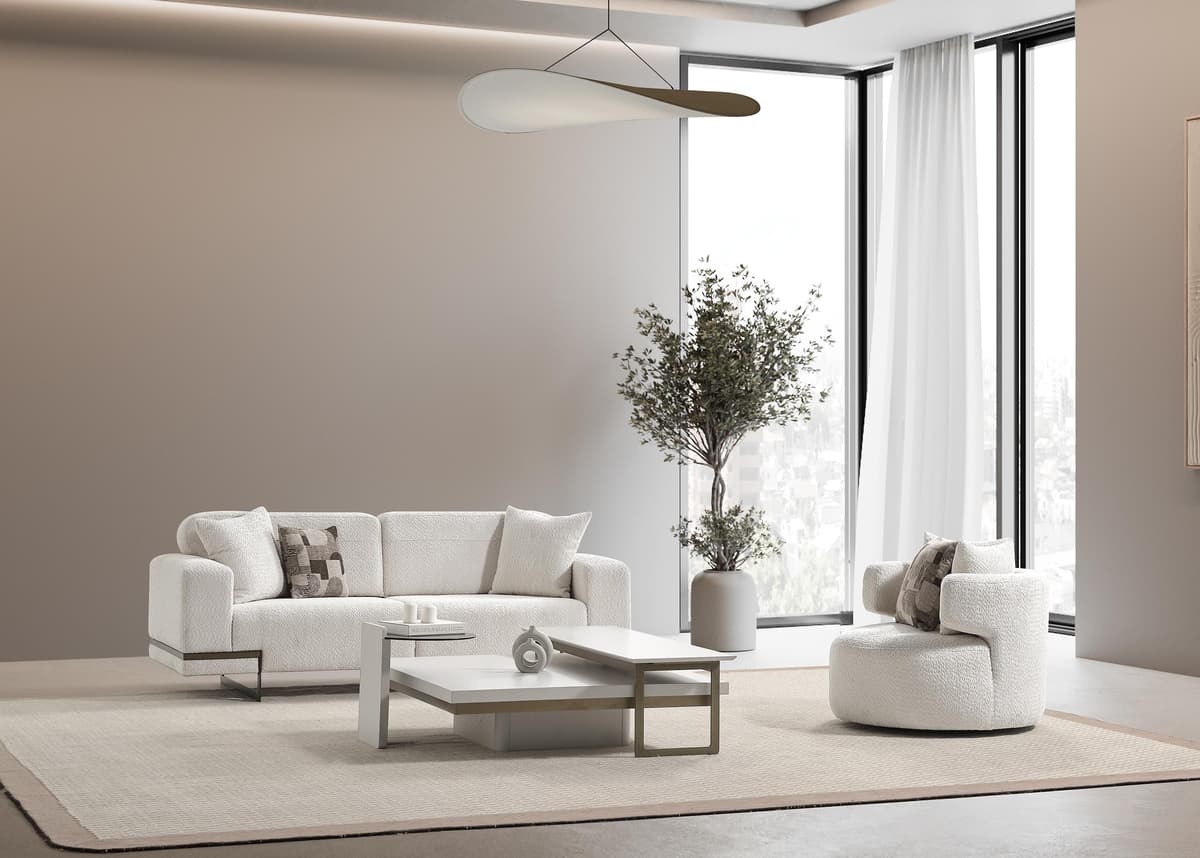 Elegantes weißes Stoffsofa mit Sessel im modernen Design