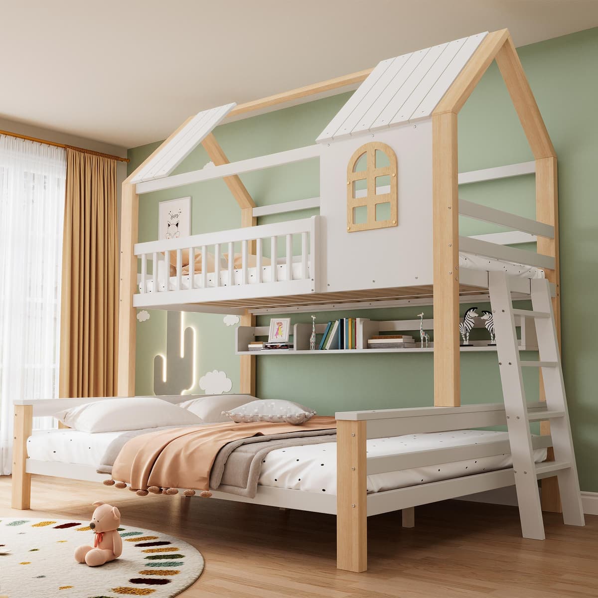 LVHOM Hausbett Etagenbett 90x200 & 140x200 cm mit Regal, Kinderbett mit Rausfallschutz & Leiter, Hochbett Holz Stockbett für Kinderzimmer, Natur+Weiß