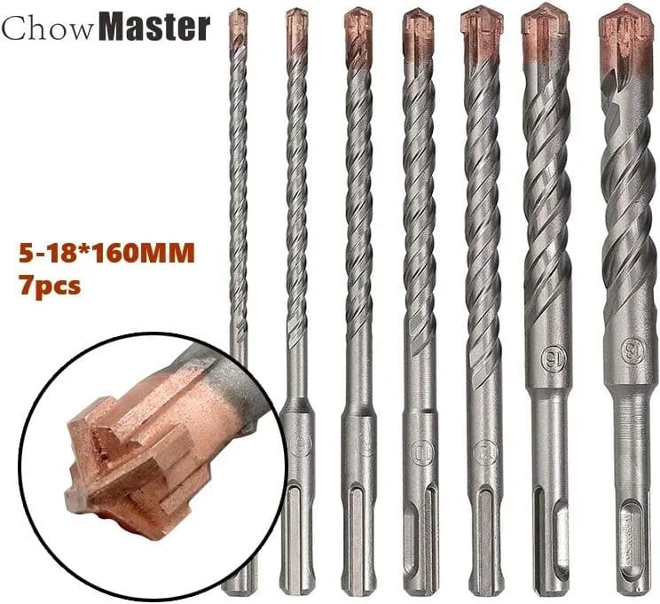 CHOWMASTER 7 Pcs 4 Flute SDS Plus Hammer Drill Bit Set 5 6 8 10 12 14 16 18mm 160 200mm For Concrete Brick Block Stone Masonry And Granite