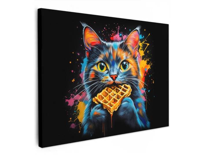 MuchoWow Leinwandbild - Katze - Graffiti - Bunt - Waffel - Essen - 80x60 - Malerei, Türkis, Textil, Kiefer, Abstrakt, Rechteckig, 80x60 cm, gerahmt, Bilder & Rahmen, Bilder, Wandbilder