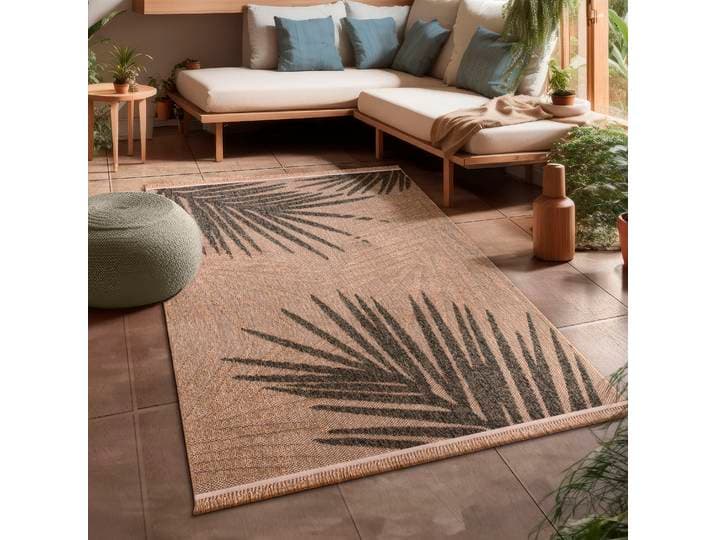 Teppich PACO HOME Cologne 491 , beige, B:120cm H:11mm L:160cm, Polypropylen (PP), Teppiche, Teppich, Flachgewebe, Blätter, Hoch-Tief Effekt, mit Fransen, Outdoor geeignet