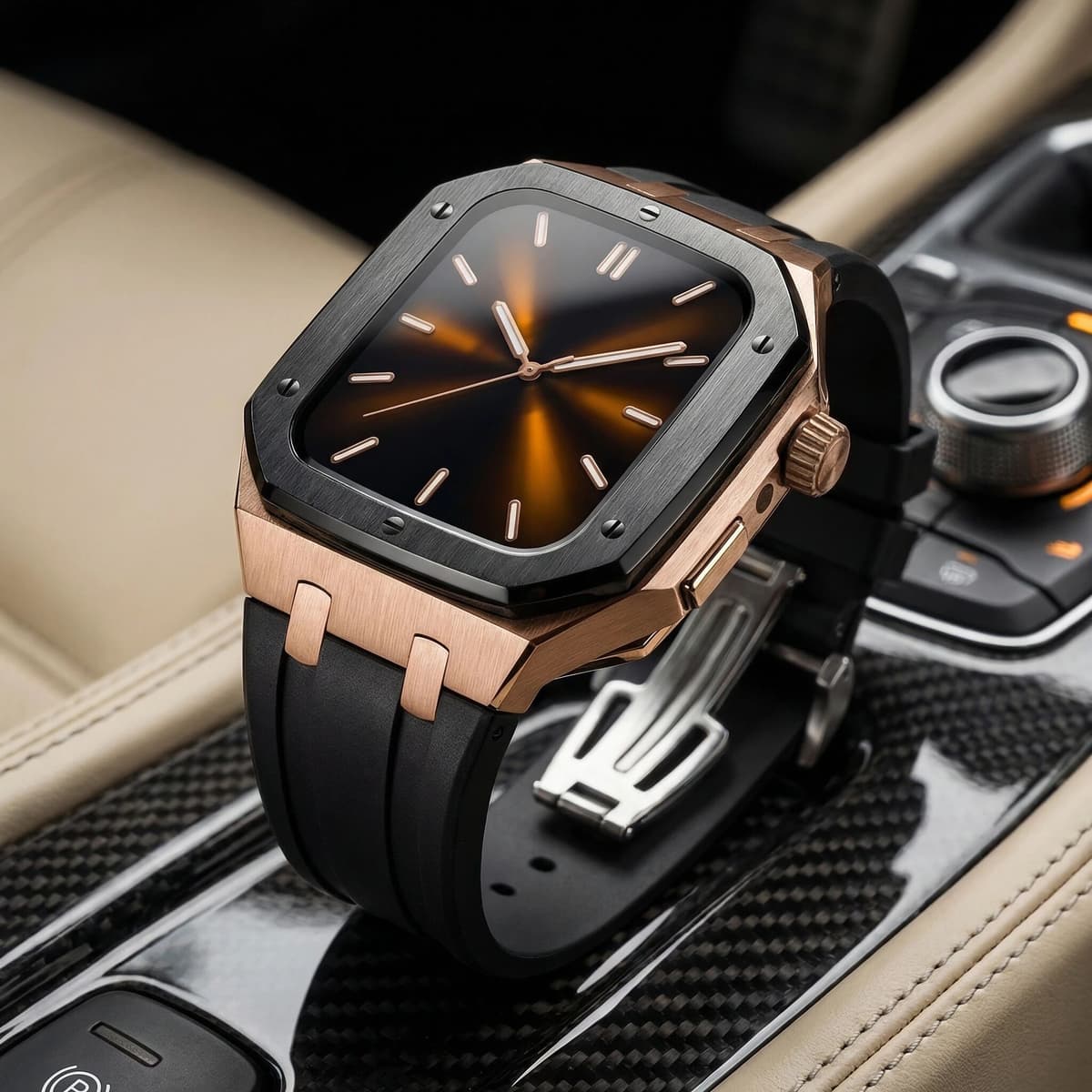 CAOWTAN Luxury Modification Mod Kit Steel Case for Apple Watch 11 10 46mm Fluoro Rubber/Steel Band for iwatch 9 8 7 6 5 4 SE 44/45mm