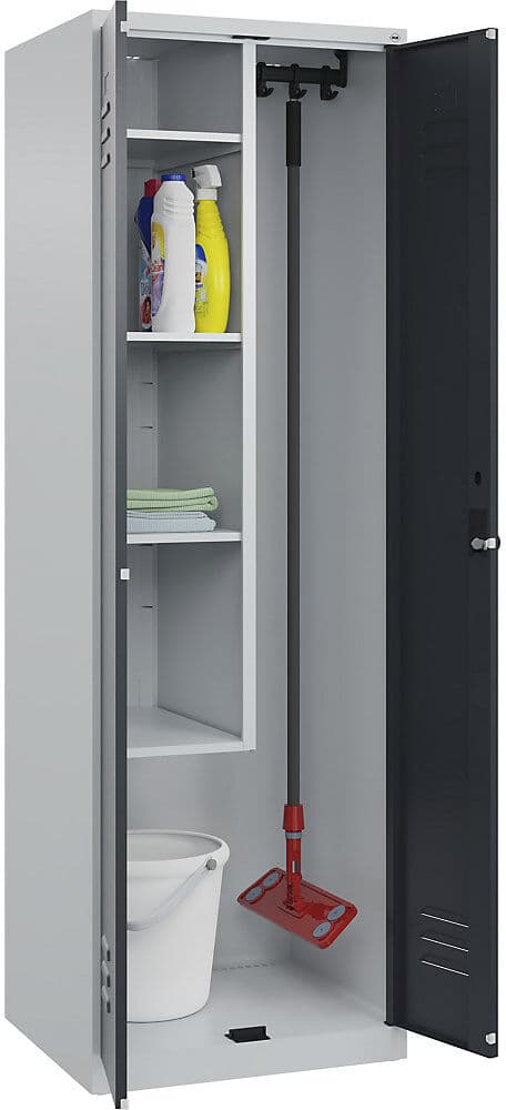 Putzmittelspind Classic PLUS, 1 Abteil, Trennwand mittig, verkürzt, lichtgrau / grau, B 600 mm, mit Bodengleitern, Drehriegel C+P