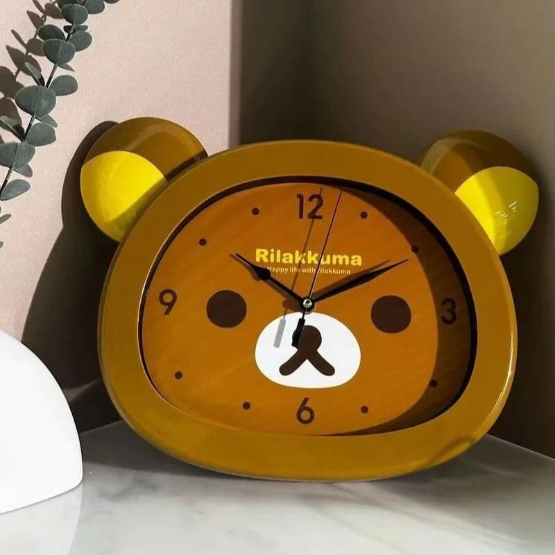 Bandai Cute Anime Rilakkuma Peripheral Wall Clock Alarm Clock Bedroom Sweeping Second Quartz Clock Cartoon Silent Clock Living Room
