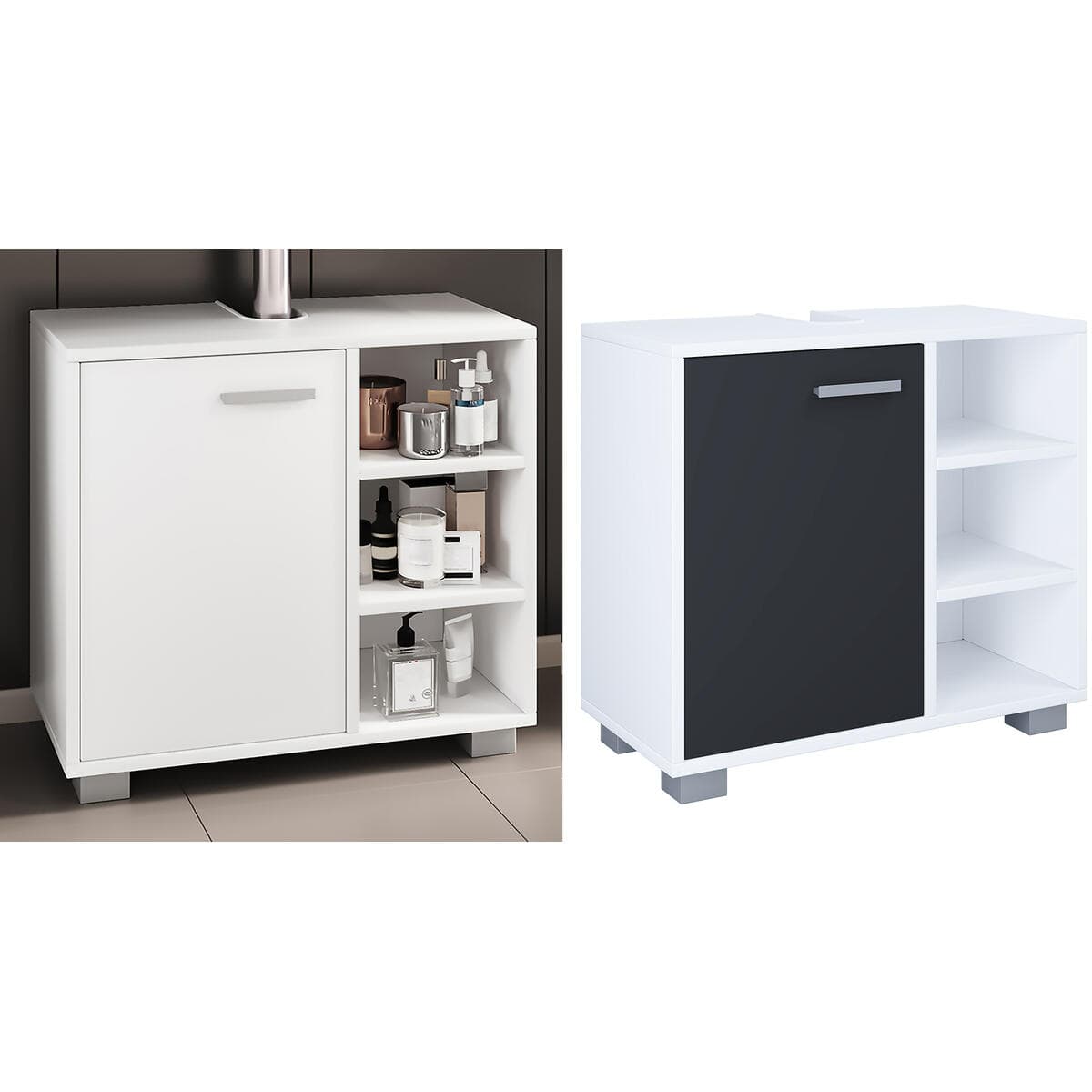 Holz Waschbeckenunterschrank | Badschrank | Maße: H. 58 x B. 60 x T. 30 cm | 1 Drehtür | 3 kleine offene Regalfächer - Zalo L