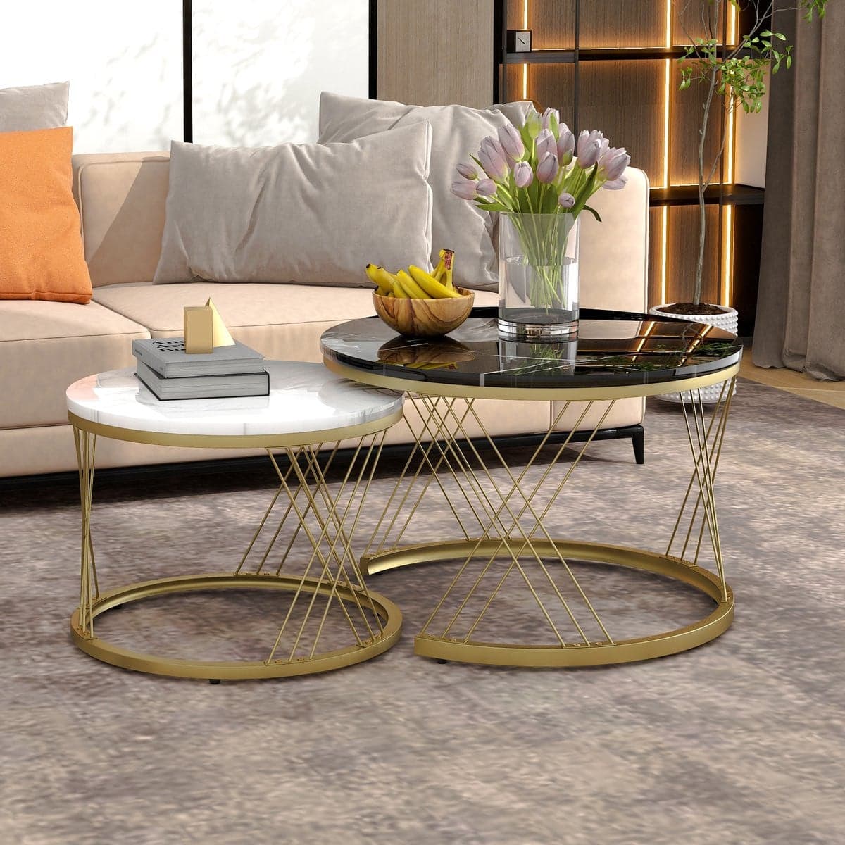 Wishdor Salontafelset van 2 stuks - Ronde Nestbare Tafels - Modern MDF met Marmerpatroon en Metaal