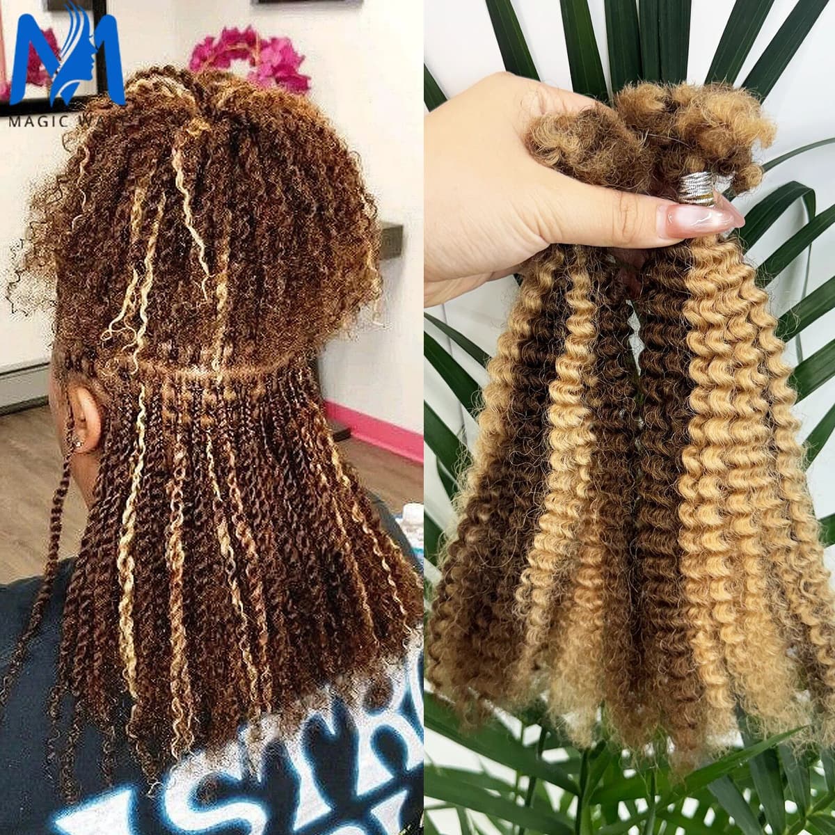 magic wave P4/27 Highlight Afro Kinkys Bulk Human Hair for Dreadlock Extensions Repair Locs Twist Braiding Afro Kinky Human Hair for Braids
