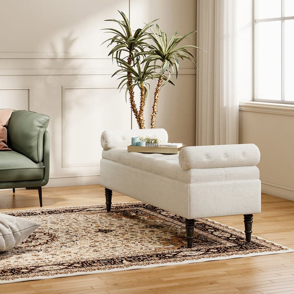 Latitude Run 130 cm W Linen Rectangle Ottoman with Storage Beige 48.5cm H X 130cm W X 45.5cm D