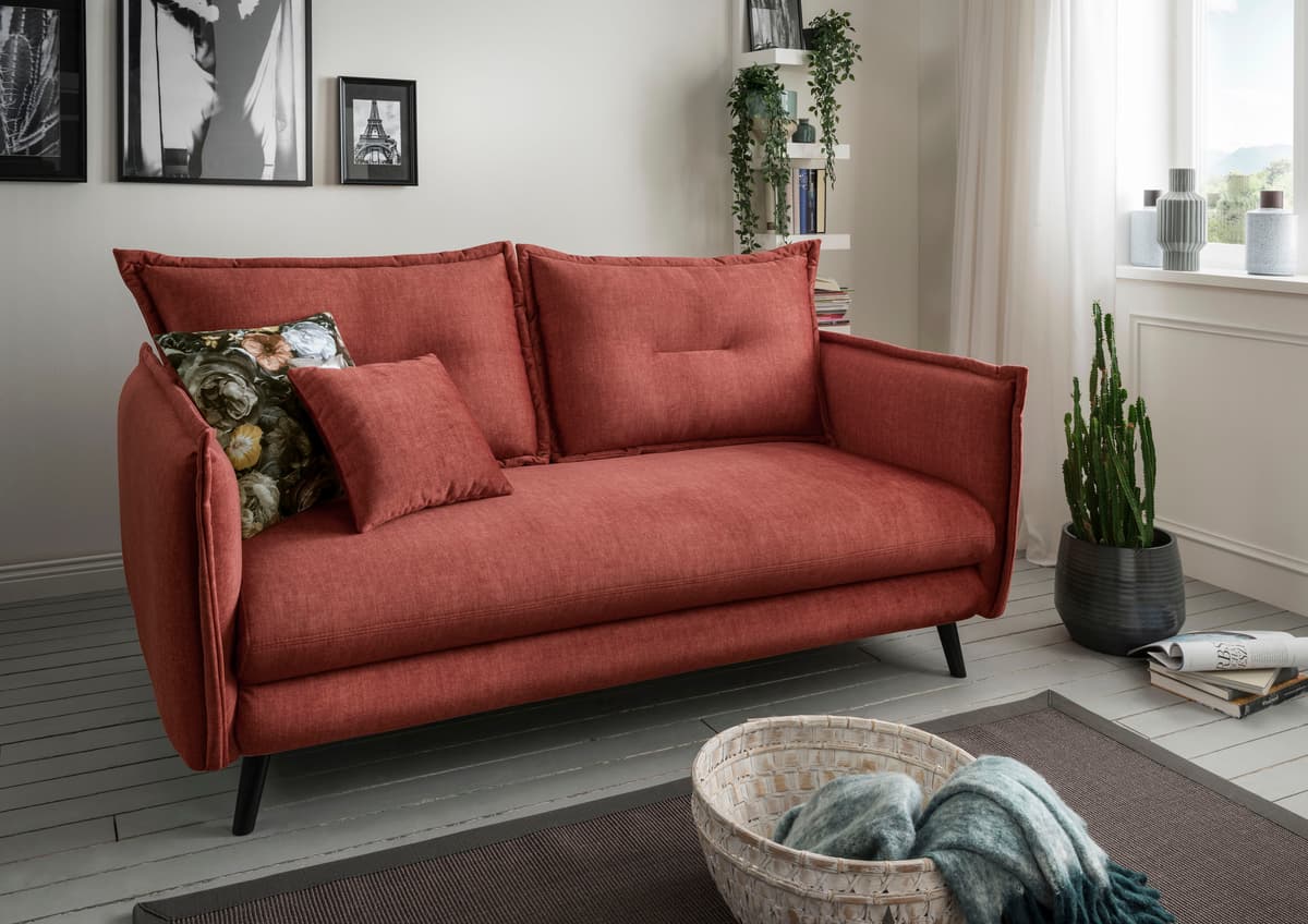 3-Sitzer HOME AFFAIRE "Levke, Holzfuss anthrazit, modernes Design: Kissen Optik, bequem", orange (koralle), B:183cm H:97cm T:110cm, 100% Polyester;Wendekissen: 100% Polyester, Sofas, 3-Sitzer, Velours, Kissen: Microfaser, inkl. Rücken- und Zierkissen kora