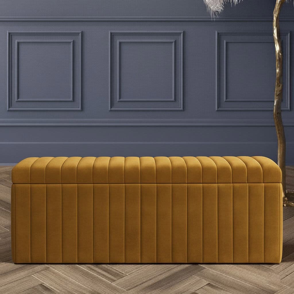 R&M Furnishers Lux Striped Wide Velvet Rectangle Solid Color Standard Ottoman Box with Storage Mustard Gold 40 cm H x 120 cm W x 42 cm D