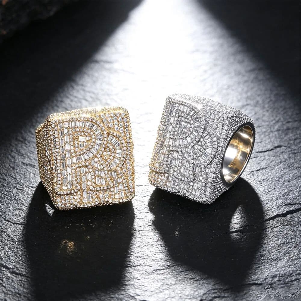 LYEE CYEE Luxury Sparkling Ring Letter RR R 18K Real Gold Platinum Hip Hop Rings Men Women Fine Jewelry Gifts for Rapper Boy Friend
