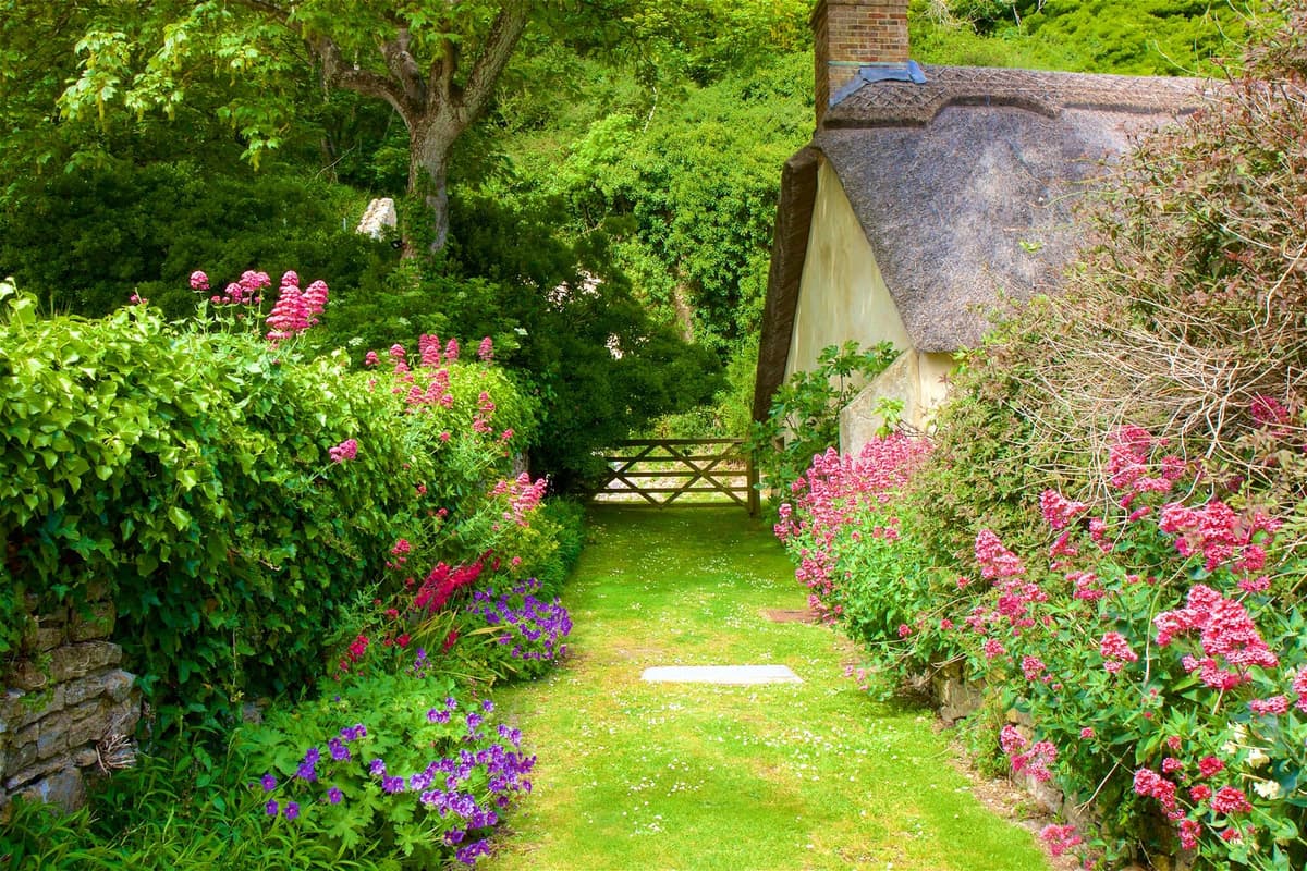 Fototapete PAPERMOON "GARTEN-BLUMEN BÄUME PFLANZEN STEINE WALD PERGOLA BLÜTEN", bunt, B:4,5m L:2,8m, Vlies, Tapeten, Fototapete bunt B/L: 4,5m x 2,8m, Bahnen: 9 Stk.