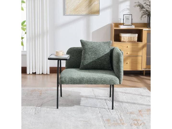 JOINERY Fauteuil 1 Place Tablette Latérale Rangement Chenille Vert Émeraude Pieds Métal Noir Salon Chambre Bureau Moderne