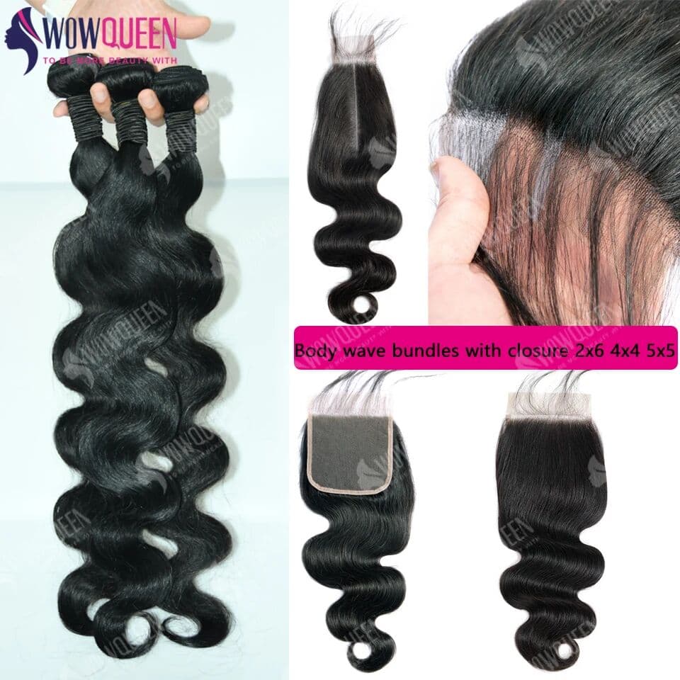 WOWQUEEN Body Wave Human Hair Bundles With Closure 2x6 Lace Closure Human Hair Bundles With 4x4 5x5 Closure 3/4 Bundles And Closure