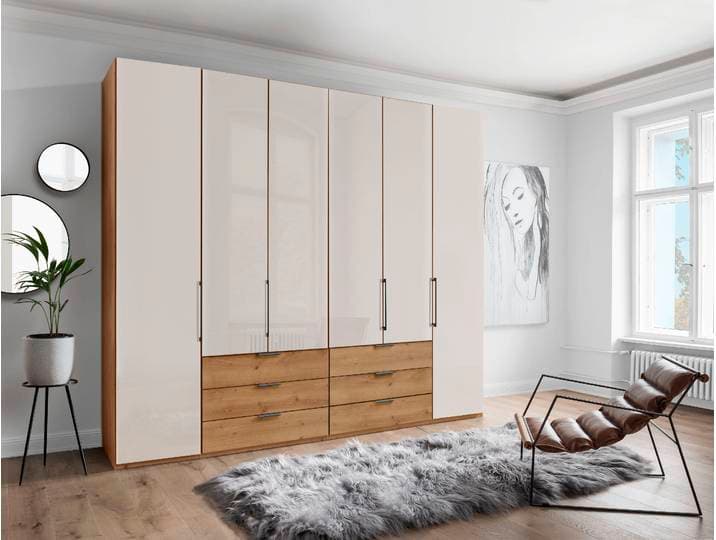 Kleiderschrank WIEMANN Monaco , braun (bianco, eiche, nachbildung, glas champagner), B:246,9cm H:236cm T:58cm, Floatglas, Holzwerkstoff, Schränke, Kleiderschrank, mit Teil-Glasfront sowie hochwertige Beschläge inkl. Dämpfung
