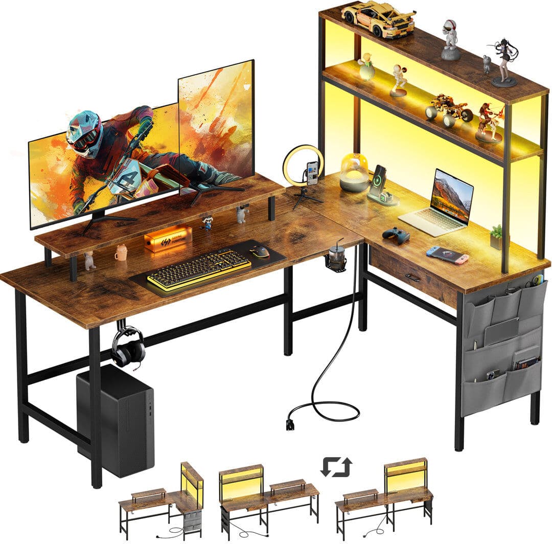 Rebrilliant Reversible L-Corner Workstation Desks & Storage Unit, Gaming & Home Office Computer Station with LED Lighting, Power Socket, Drawer, Storage Shelves a Brown 170cmL×50cmW×146.5cmD